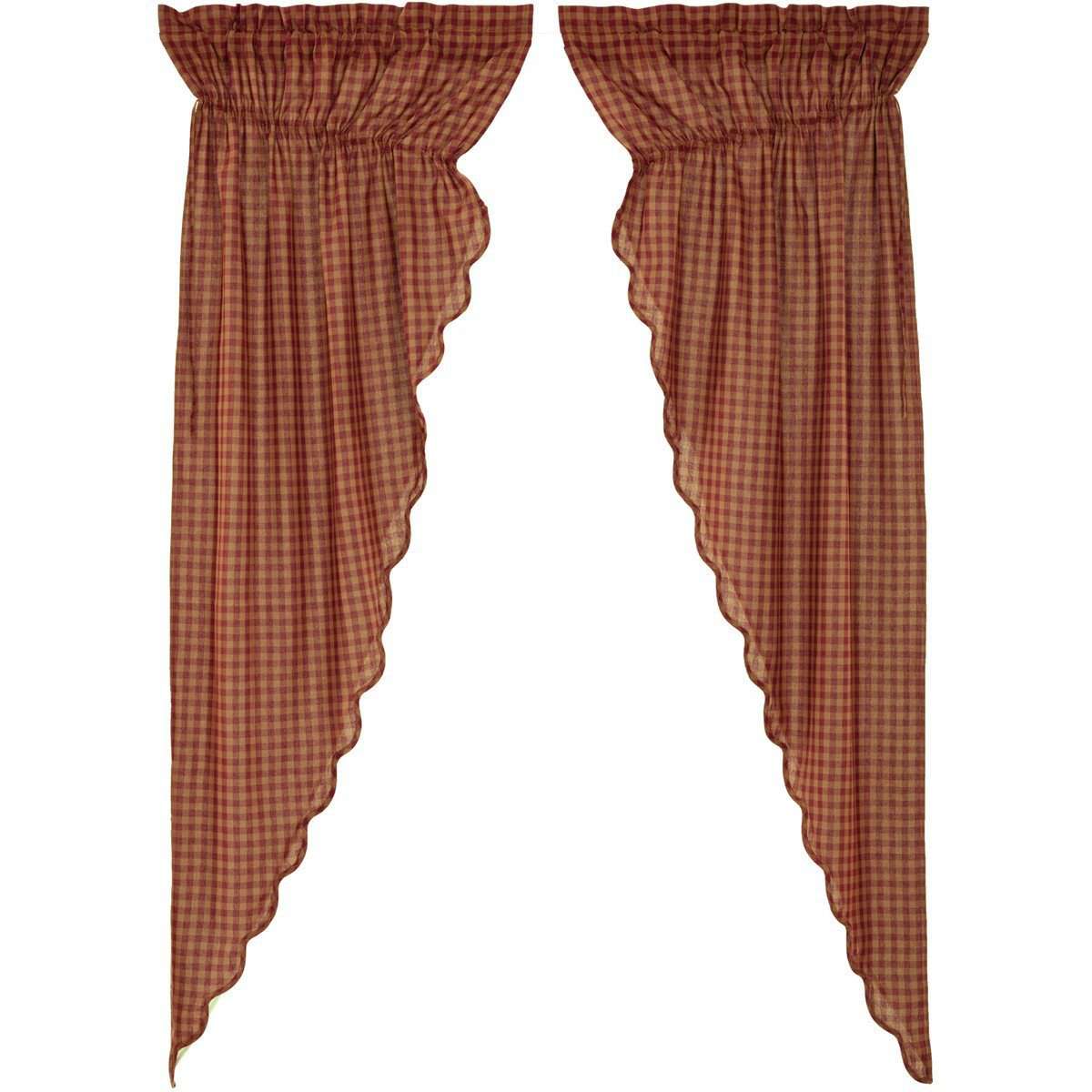 Burgundy Check Scalloped Prairie Long Panel Curtain Set of 2 - The Fox Decor