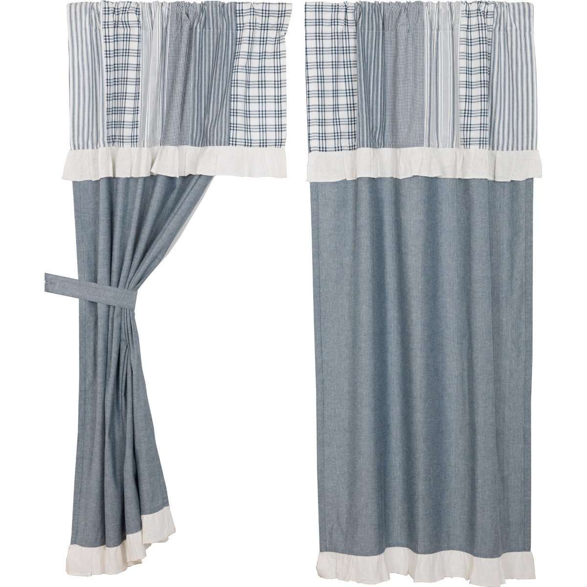 Sawyer Mill Blue Short Panel Curtain with Attached Patchwork Valance Set of 2 36"x63" - The Fox Decor