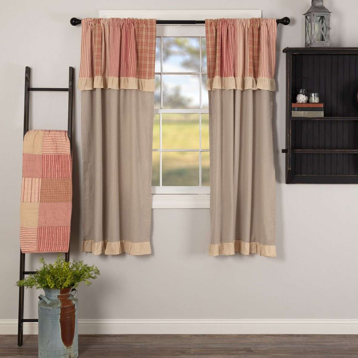 Sawyer Mill Red Short Panel Curtain with Attached Patchwork Valance Set of 2 36"x63" - The Fox Decor