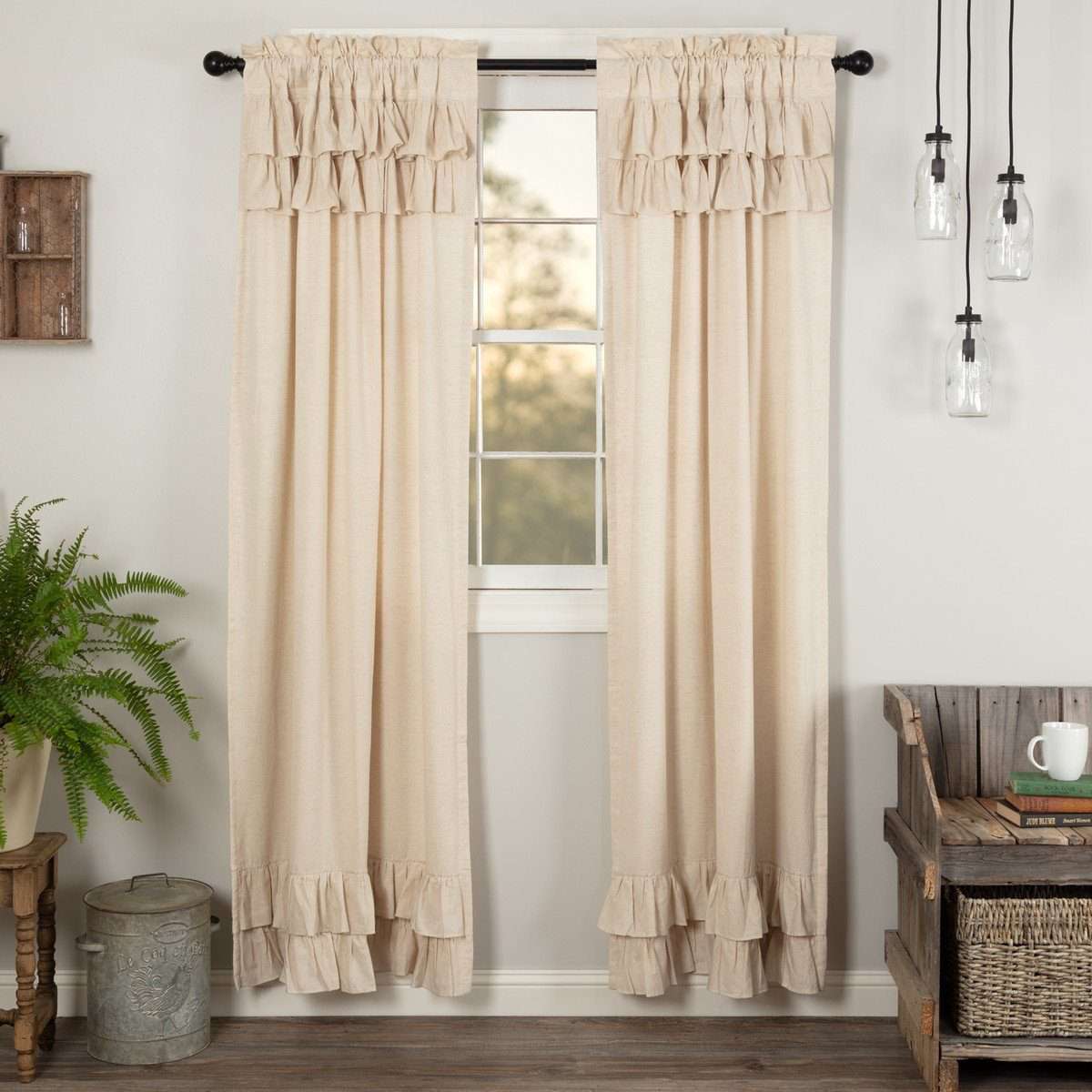 Simple Life Flax Natural Ruffled Panel Country Curtain Set of 2 84"x40" - The Fox Decor