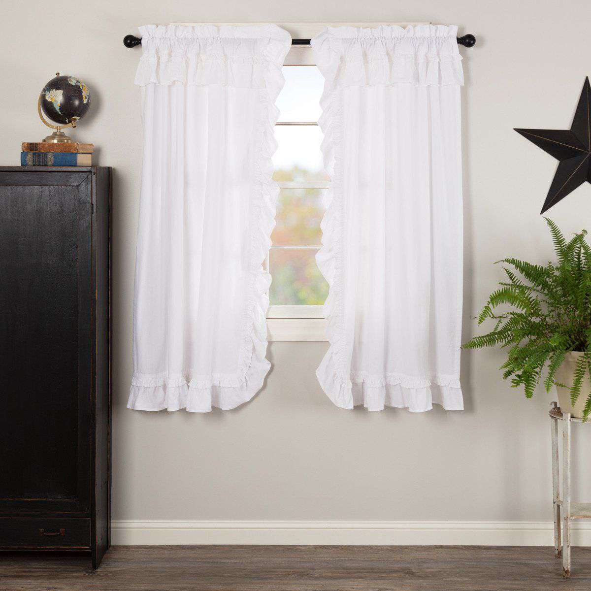 Muslin Ruffled Bleached White Short Panel Curtain Set of 2 63"x36" VHC Brands - The Fox Decor