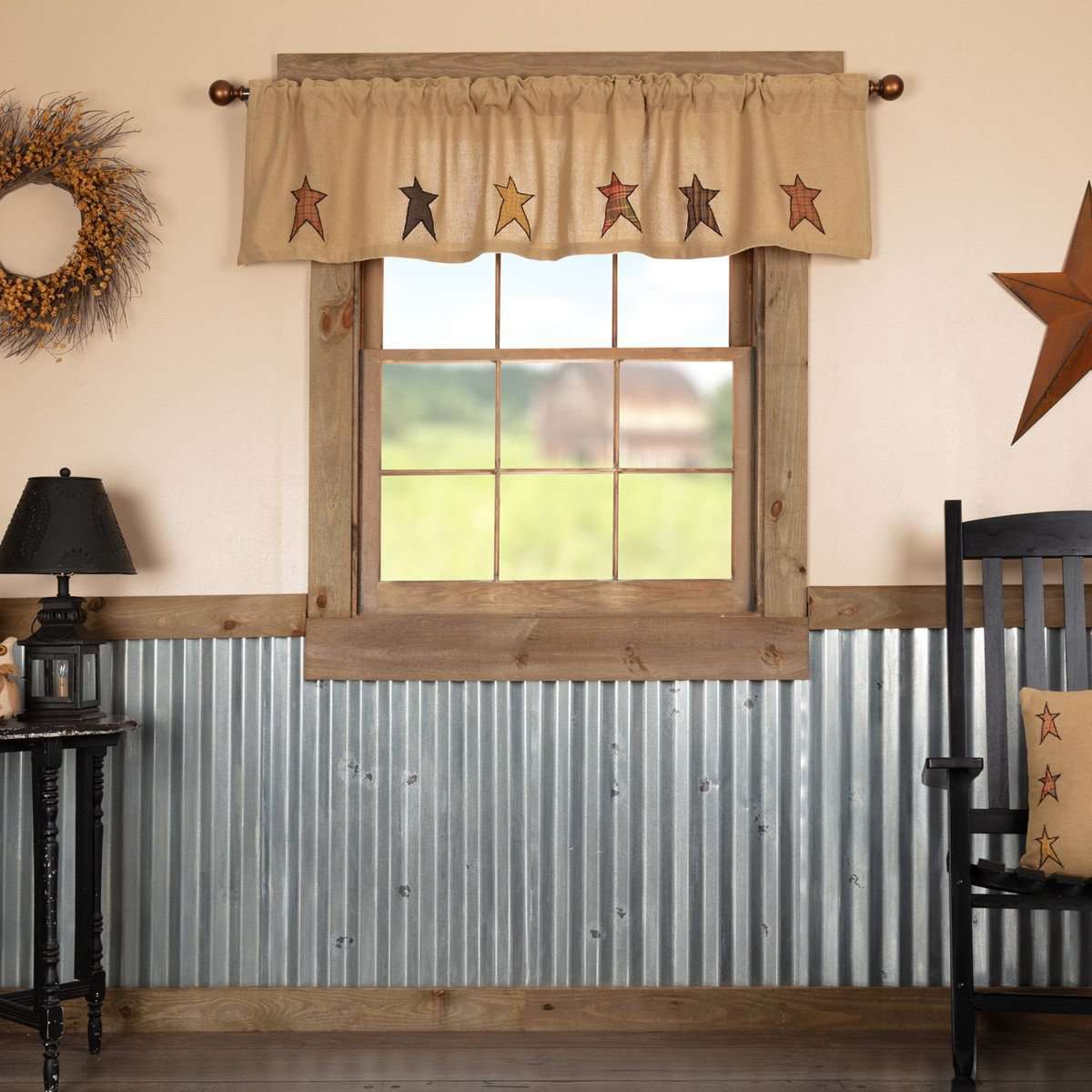 Stratton Burlap Applique Star Valance Curtain - The Fox Decor