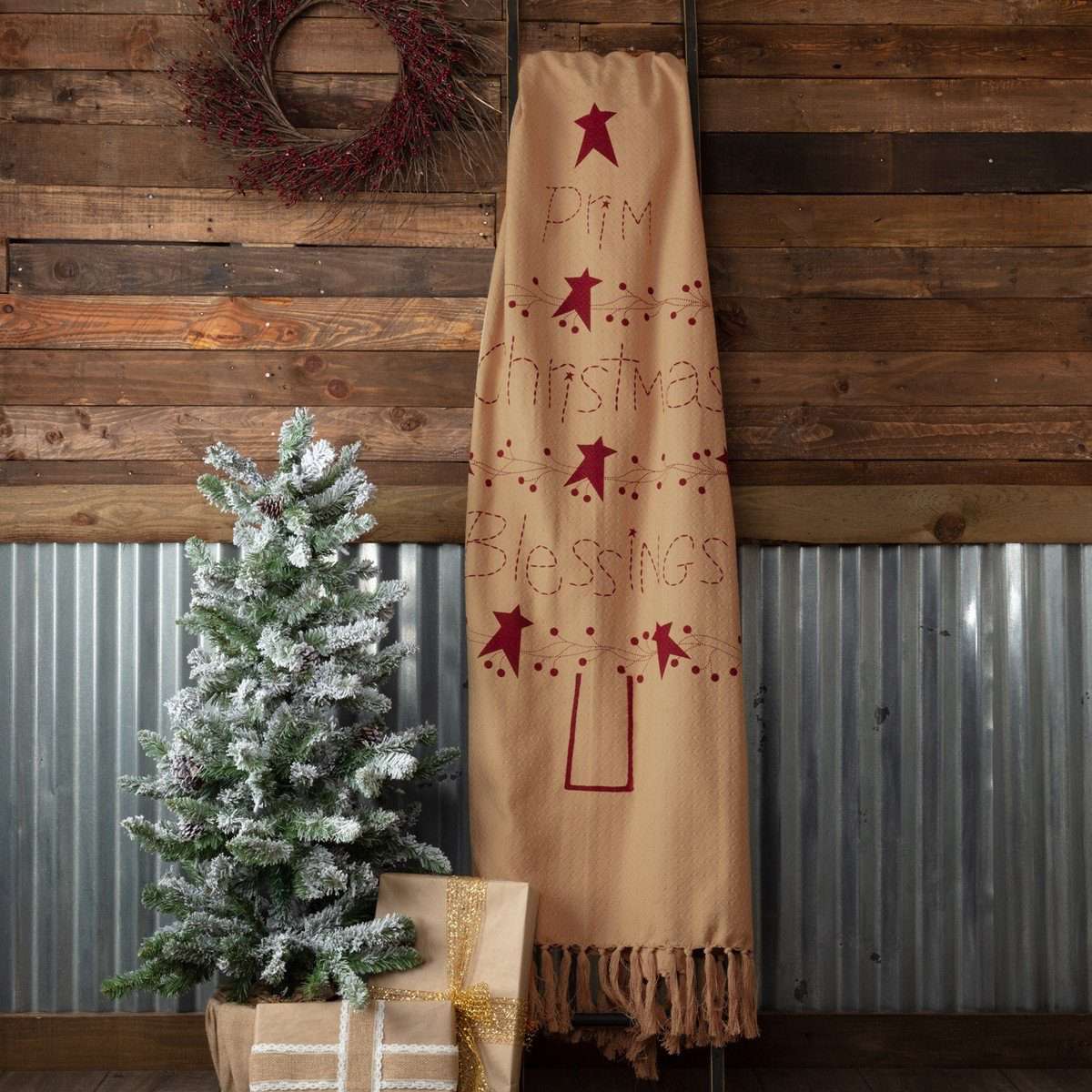 Prim Christmas Blessings Woven Throw 60" x 50" Natural, Burgundy VHC Brands - The Fox Decor