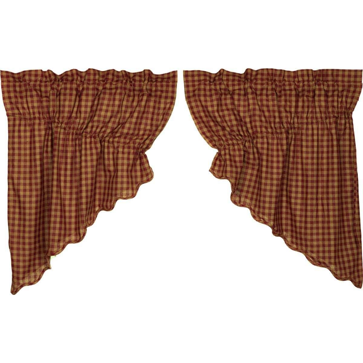 Burgundy Check Scalloped Prairie Swag Curtain Set of 2 36x36x18 VHC Brands - The Fox Decor