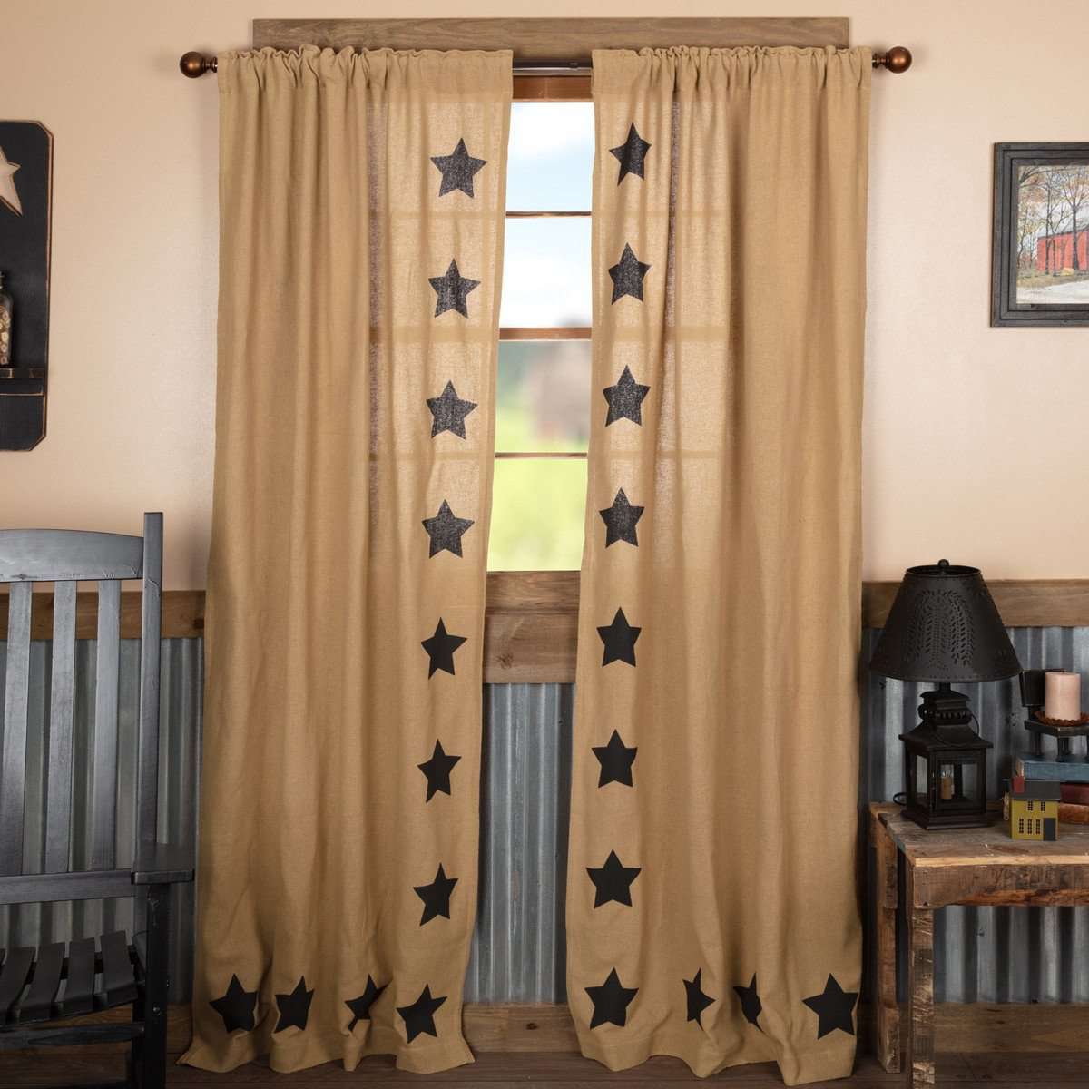 Burlap w/Black Stencil Stars Panel Country Curtain Set of 2 84"x40" - The Fox Decor