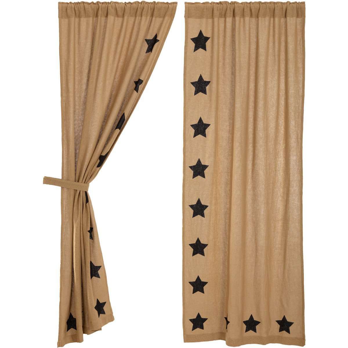 Burlap w/Black Stencil Stars Panel Country Curtain Set of 2 84"x40" - The Fox Decor