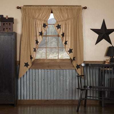 Burlap w/Black Stencil Stars Prairie Short Panel Curtain Set of 2 63x36x18