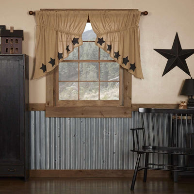 Burlap w/Black Stencil Stars Prairie Swag Curtain Set of 2 36x36x18 VHC Brands