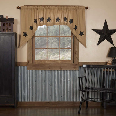 Burlap w/Black Stencil Stars Swag Curtain Set of 2 36x36x16