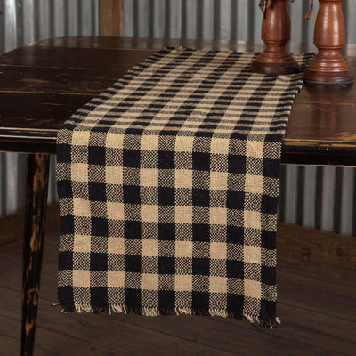 Burlap Black Check Runner Fringed 13x36 VHC Brands