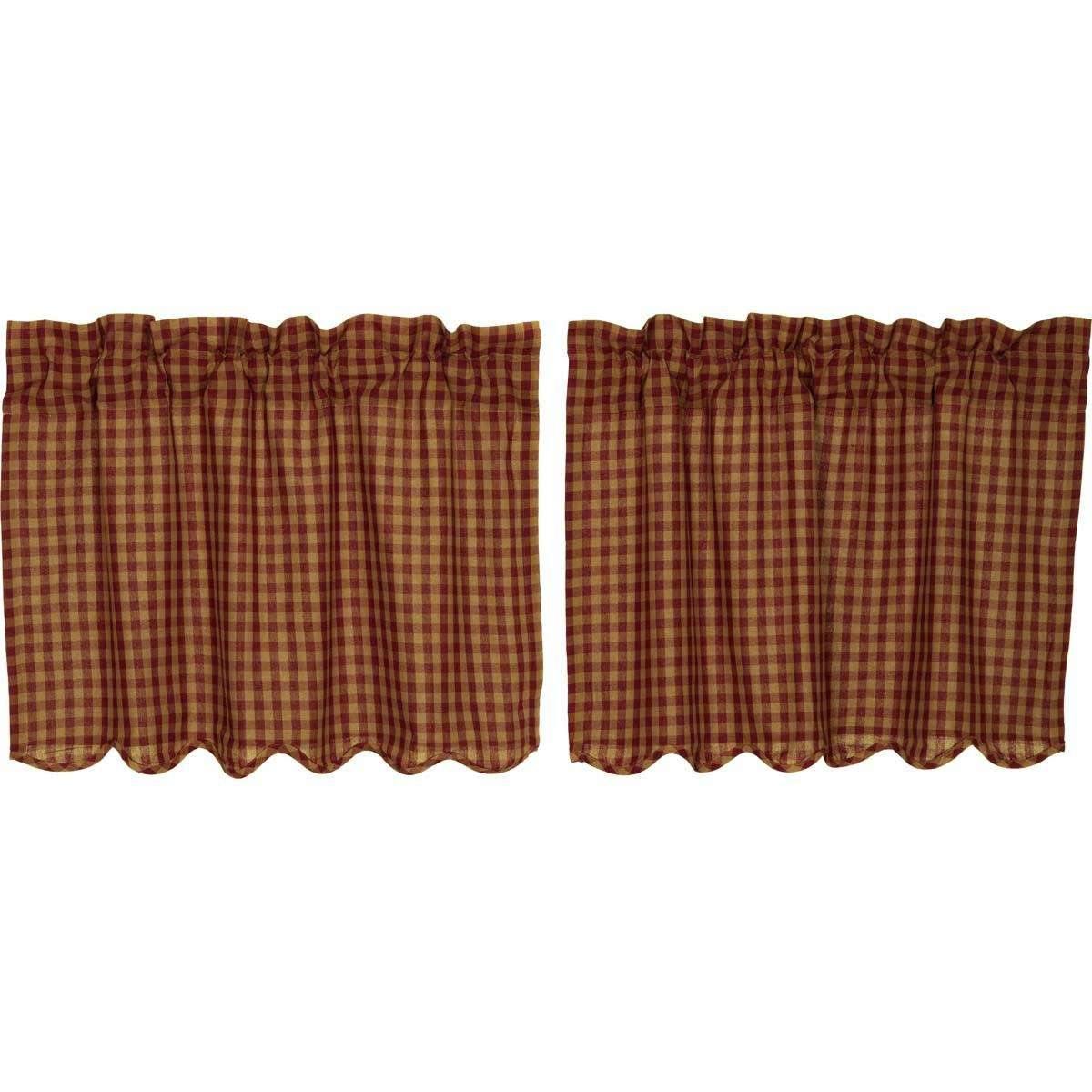 Burgundy Check Scalloped Tier Curtain Set of 2 L24xW36 - The Fox Decor