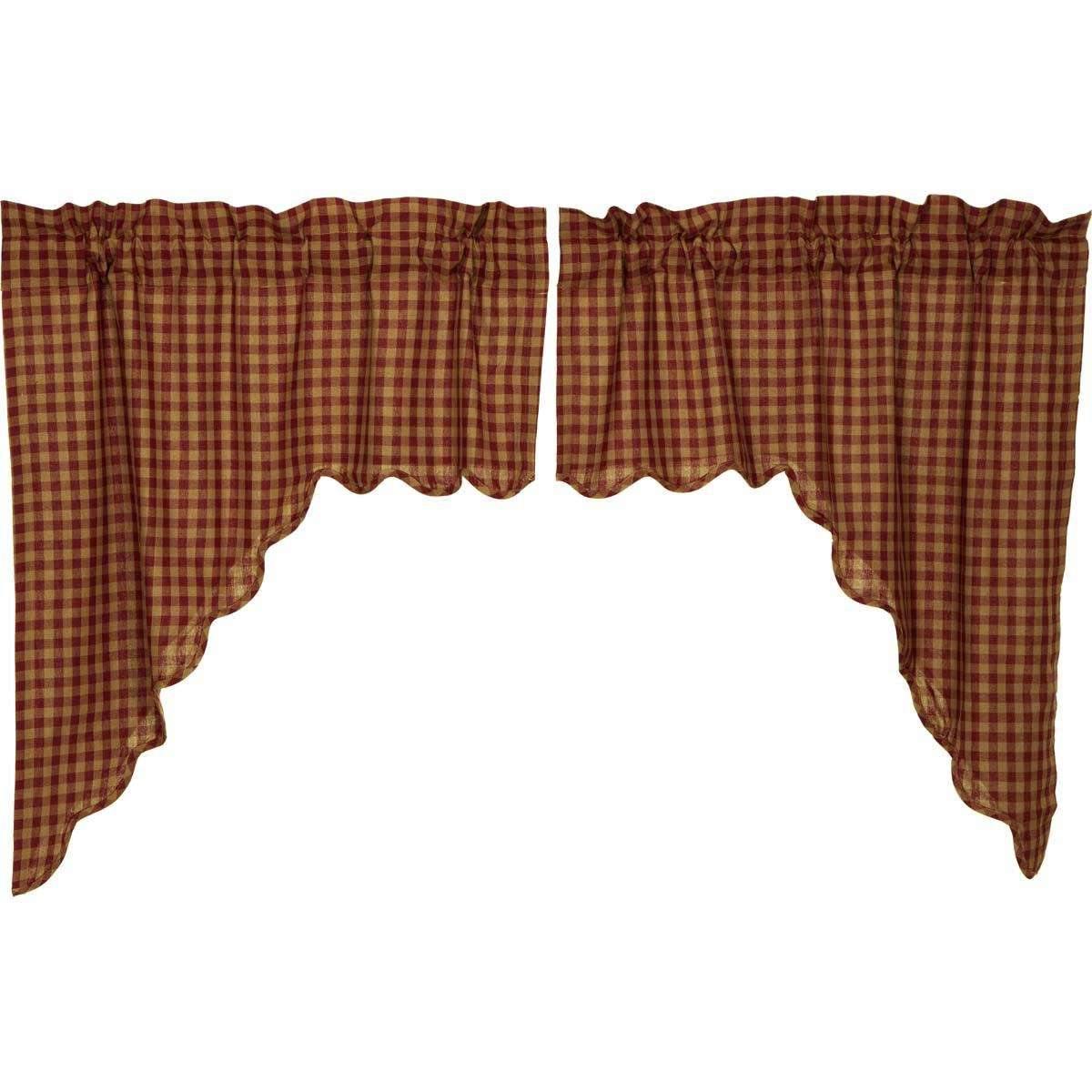 Burgundy Check Scalloped Swag Curtain Set of 2 36x36x16 - The Fox Decor