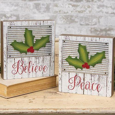 Holly Jolly Box Sign, 'Peace' 'Believe' Set of 2 Christmas Decor