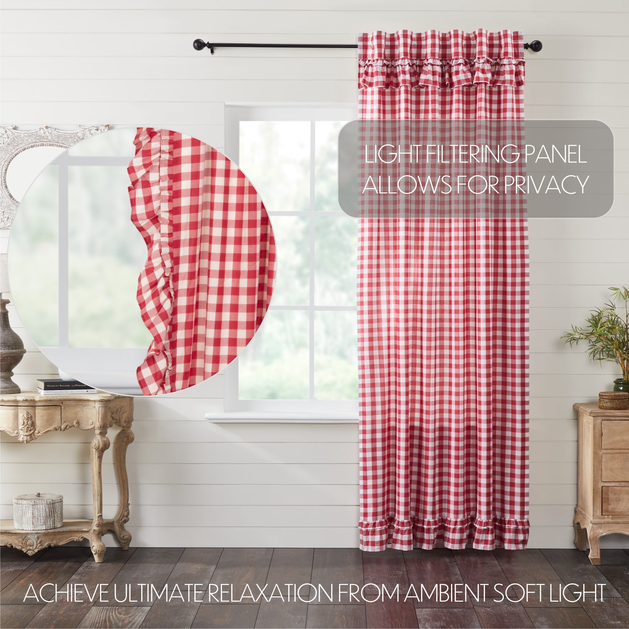 Annie Buffalo Red Check Ruffled Panel Curtain 96"x50" VHC Brands