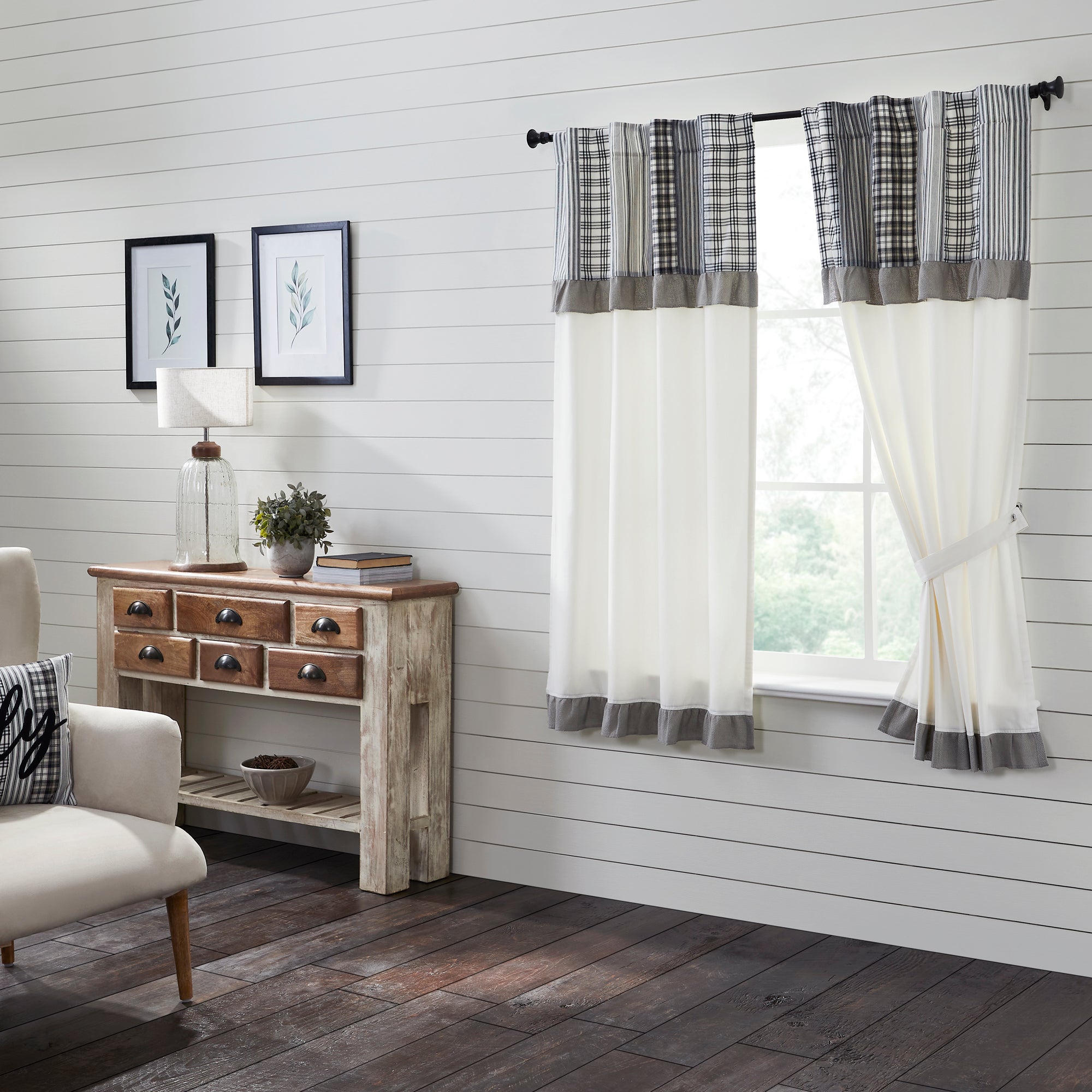 Sawyer Mill Black Short Panel with Attached Patchwork Valance Set of 2 63x36 VHC Brands