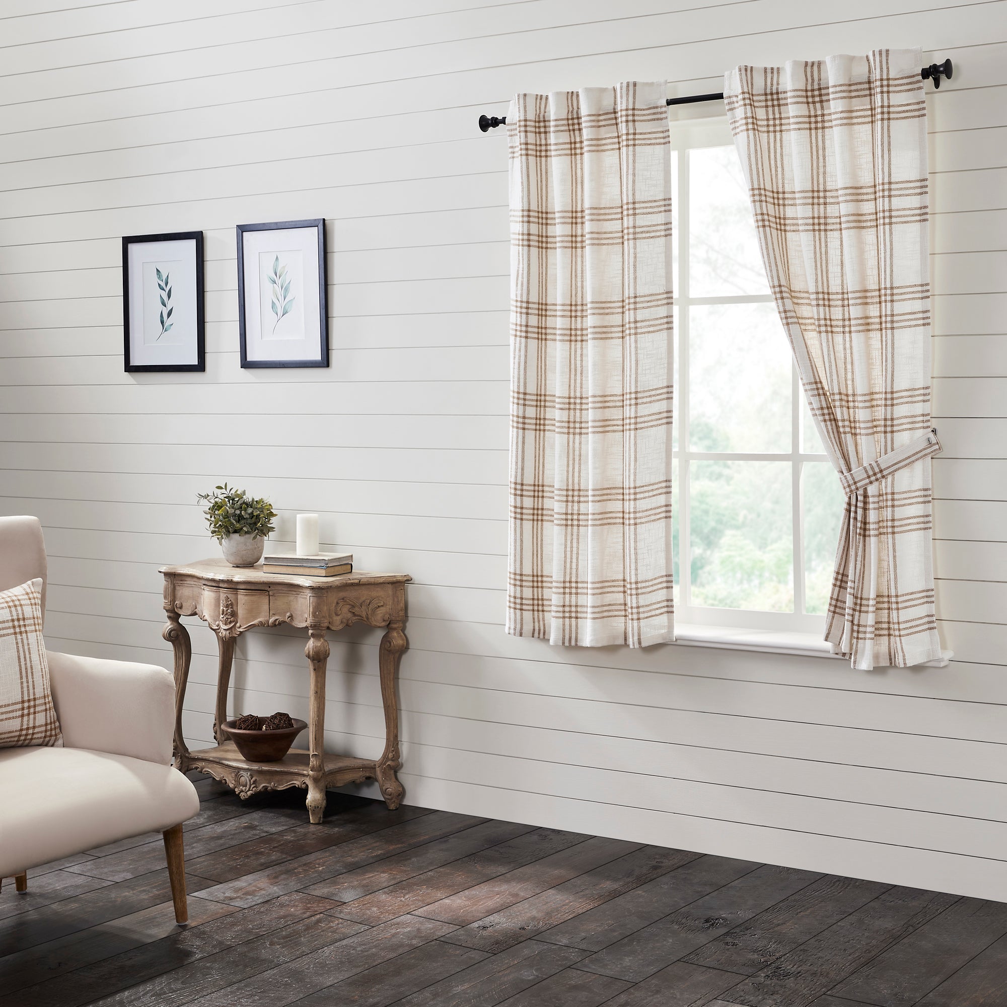 Wheat Plaid Short Panel Curtain Set of 2 63x36 VHC Brands