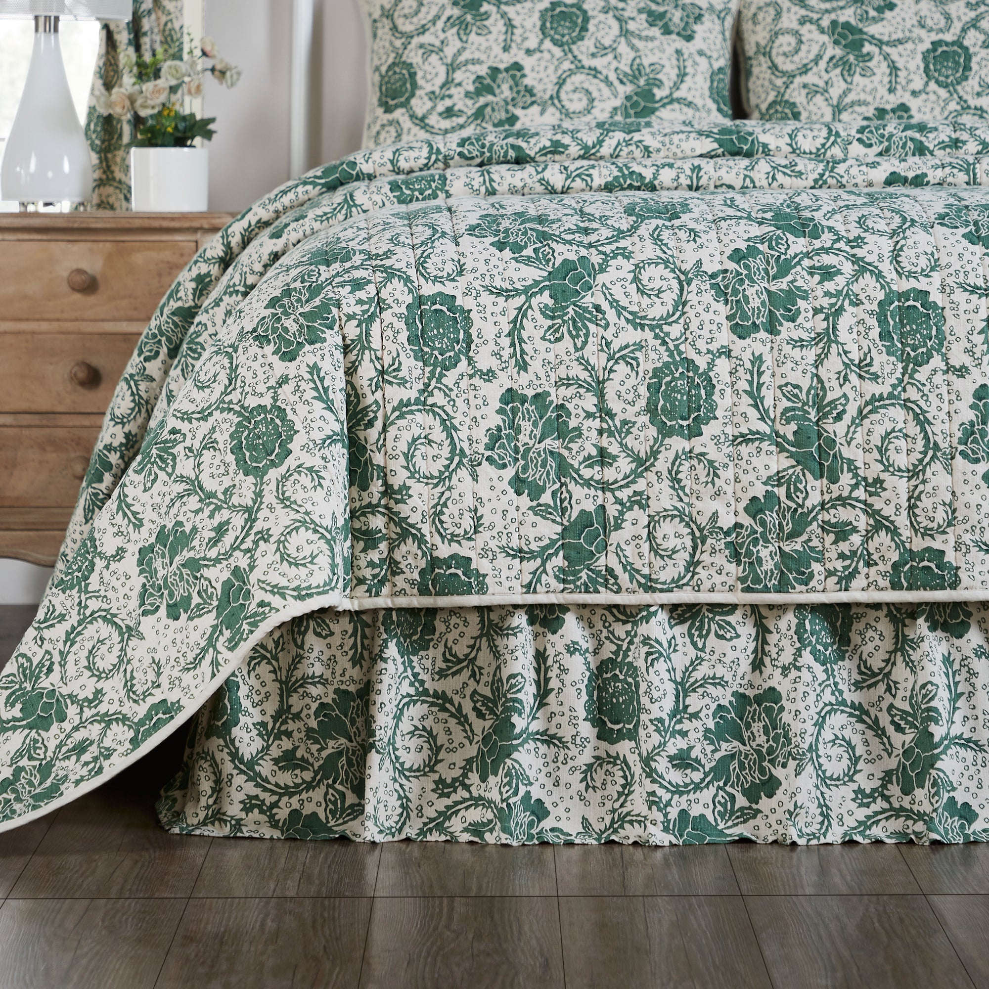 Dorset Green Floral Queen Bed Skirt 60x80x16 VHC Brands