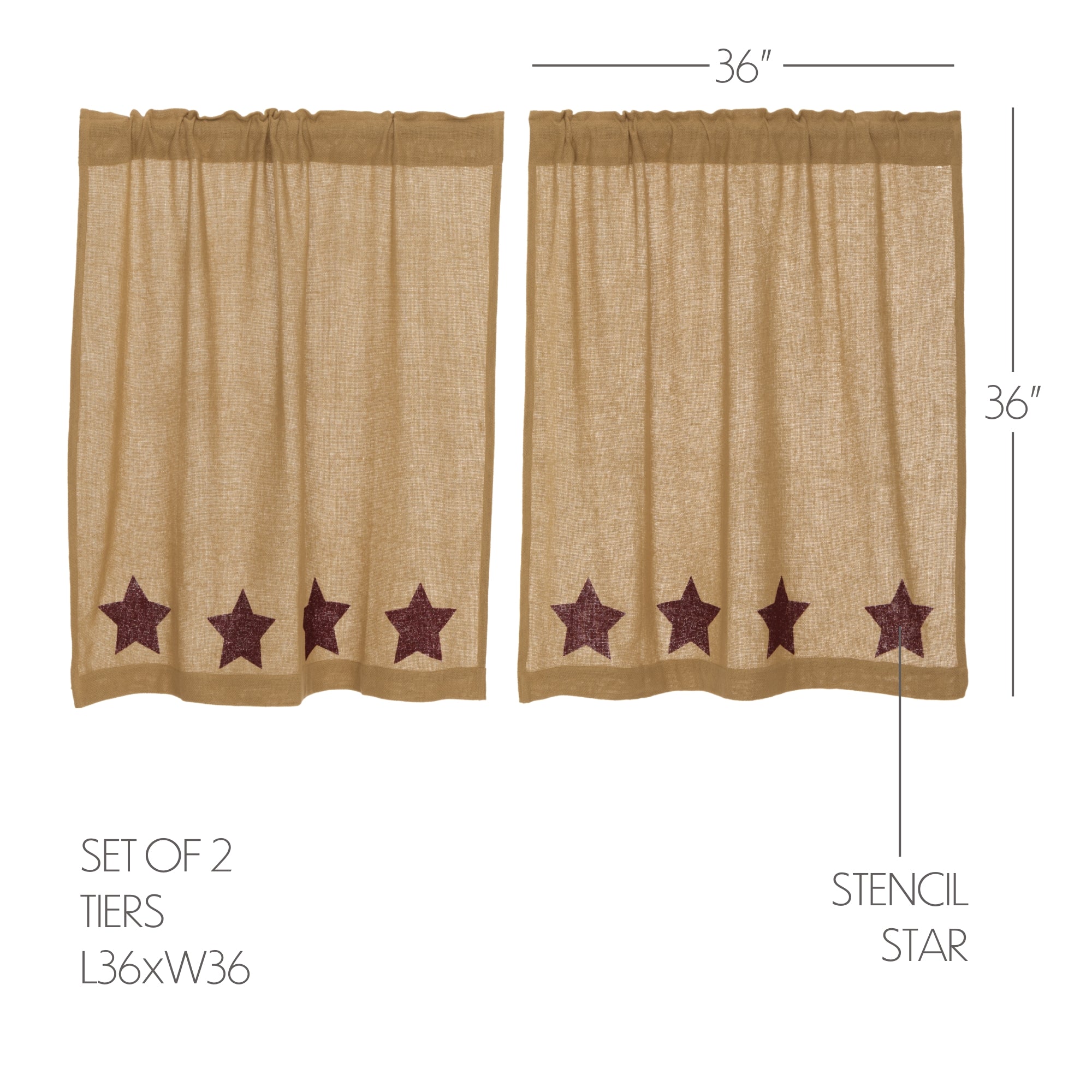 Burlap w/Burgundy Stencil Stars Tier Curtain Set of 2 L36xW36