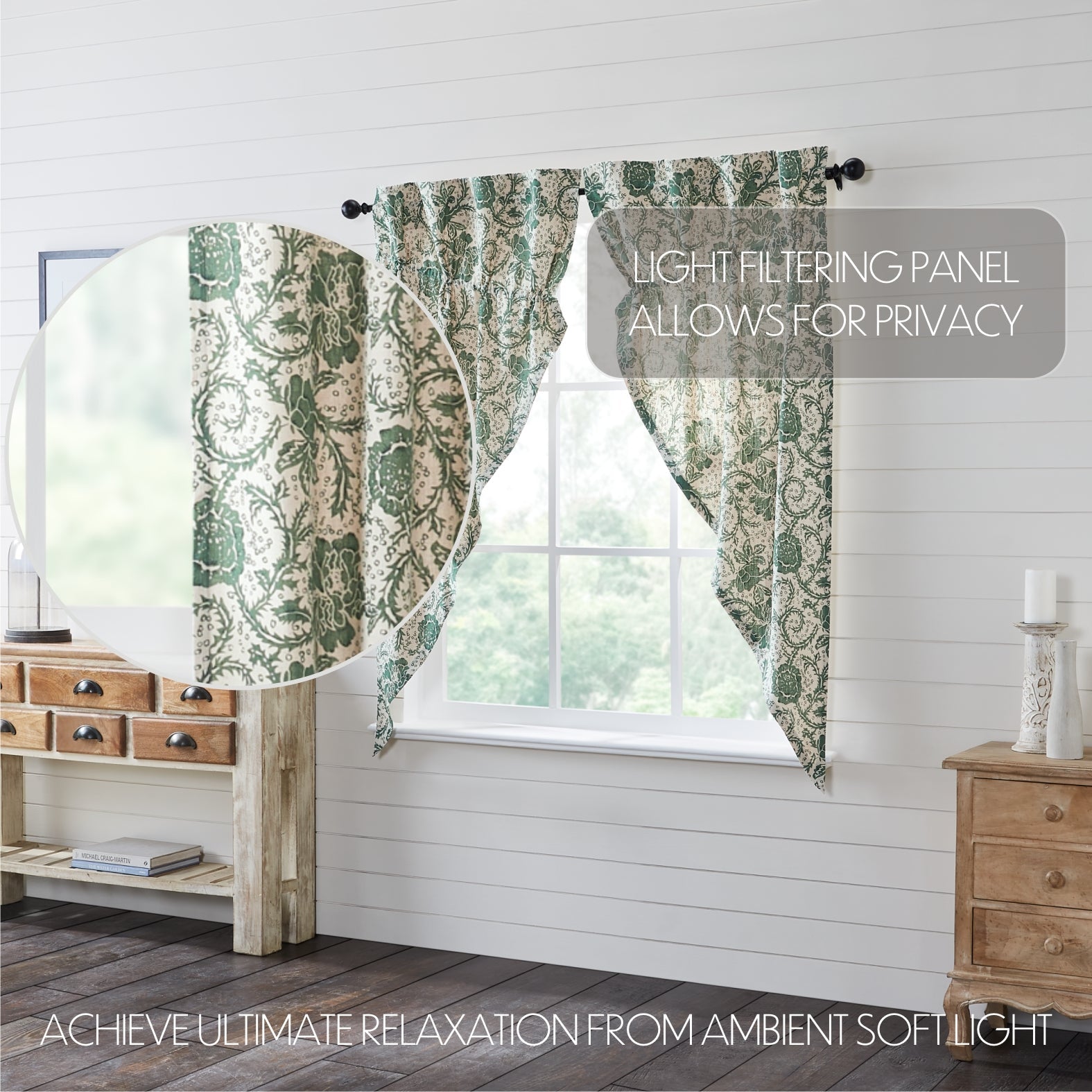 Dorset Green Floral Prairie Short Panel Curtain Set of 2 63x36x18 VHC Brands