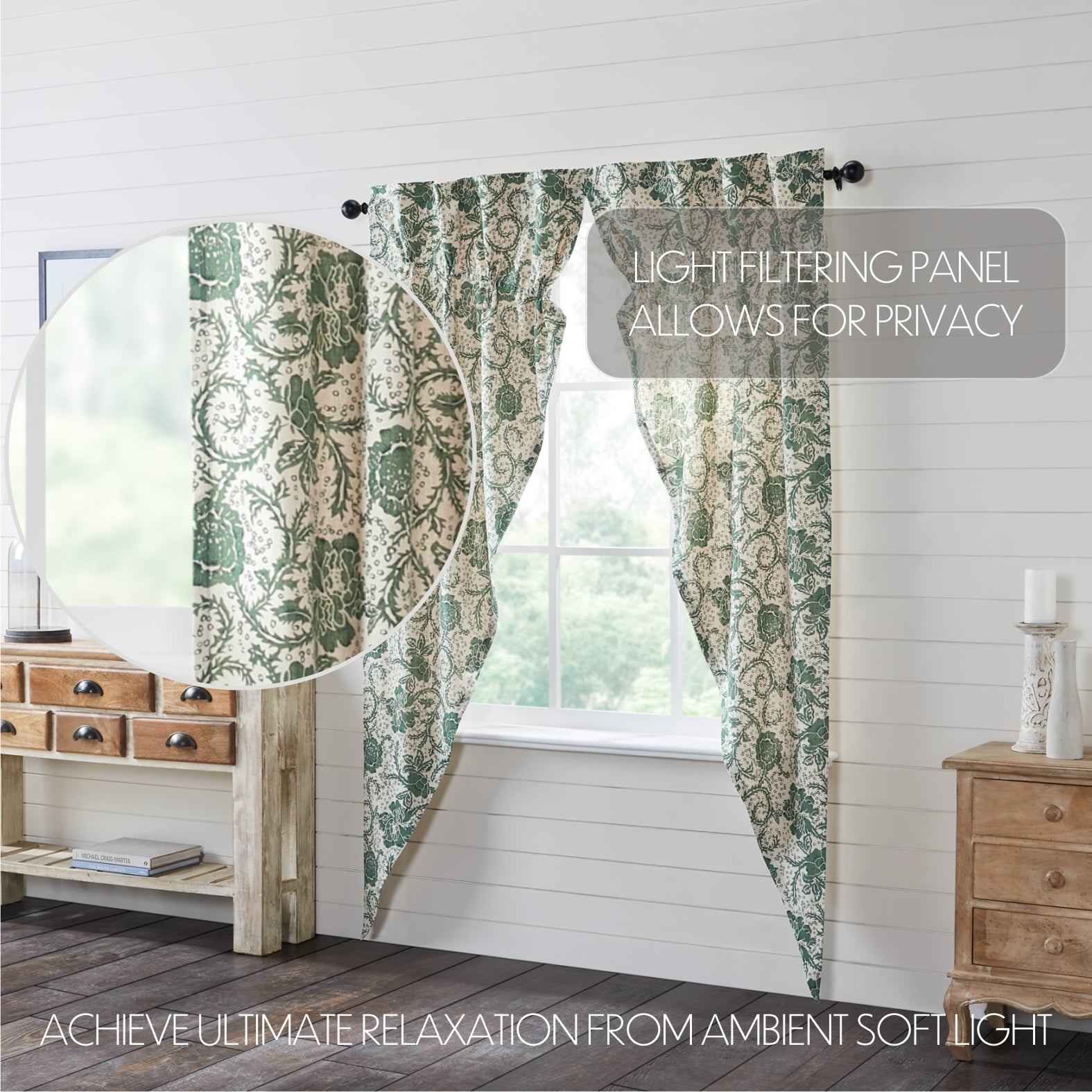Dorset Green Floral Prairie Long Panel Curtain Set of 2 84x36x18 VHC Brands