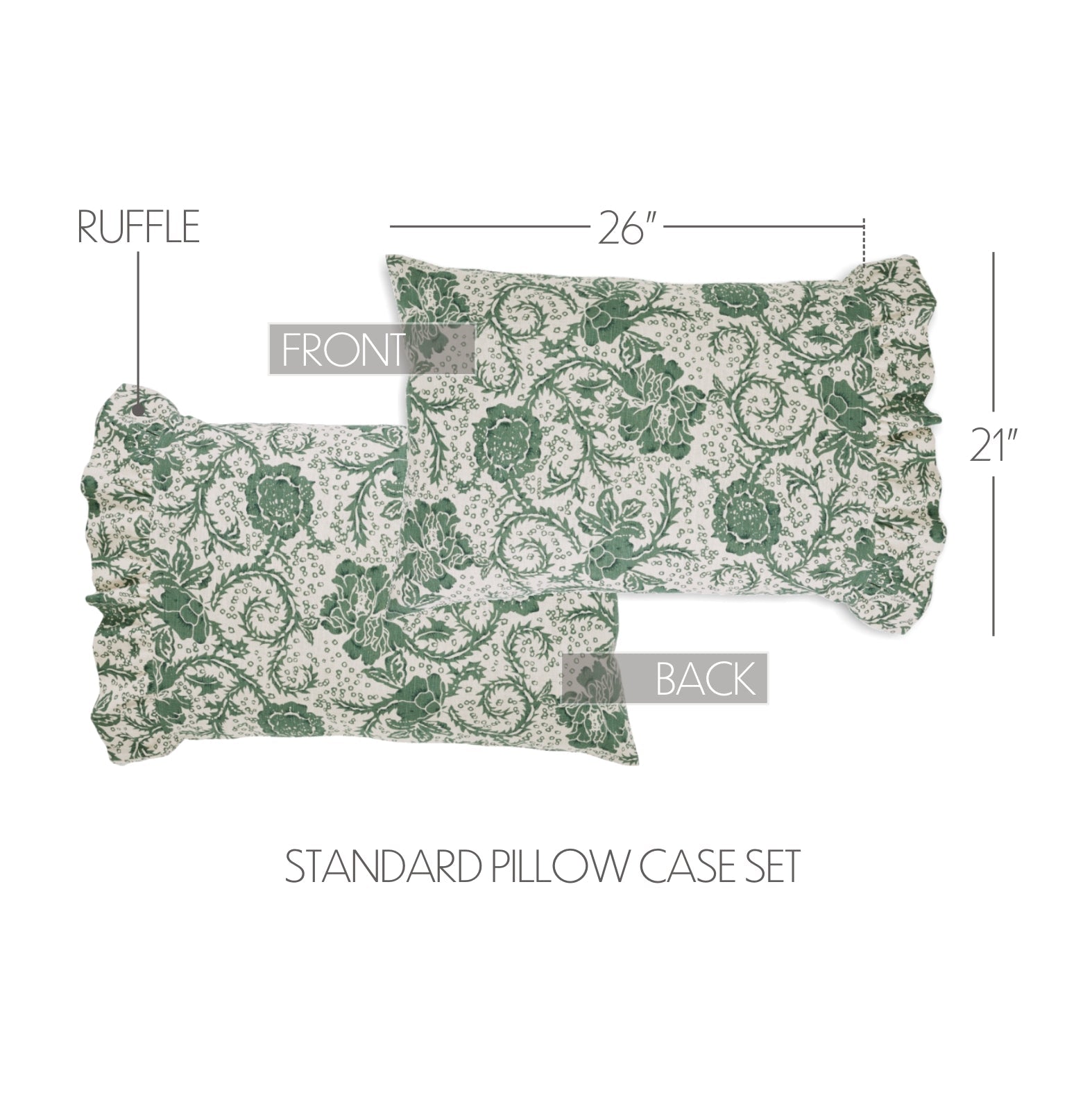 Dorset Green Floral Ruffled Standard Pillow Case Set of 2 21x26+4 VHC Brands