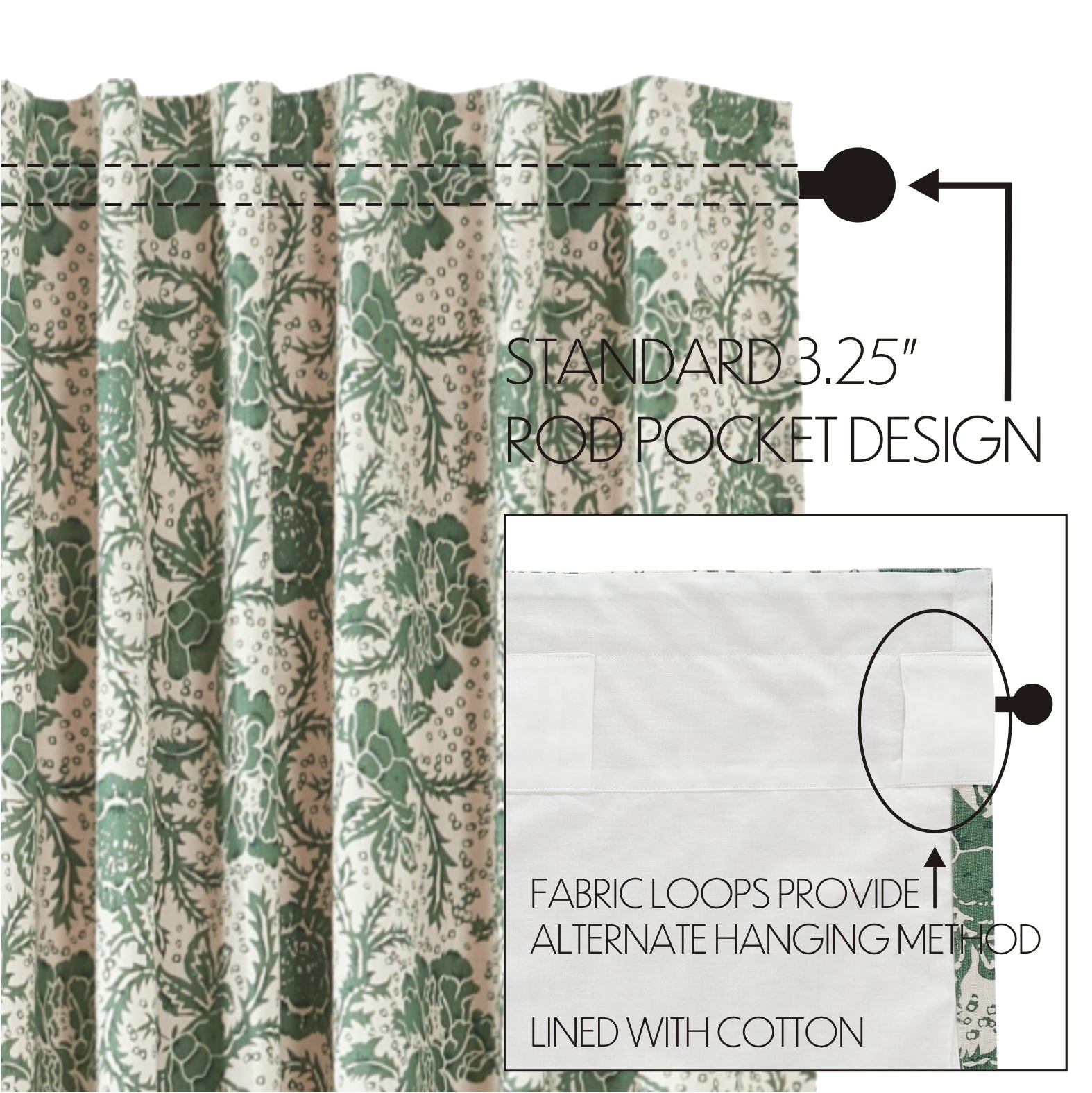 Dorset Green Floral Panel Curtain Set of 2 84x40 VHC Brands
