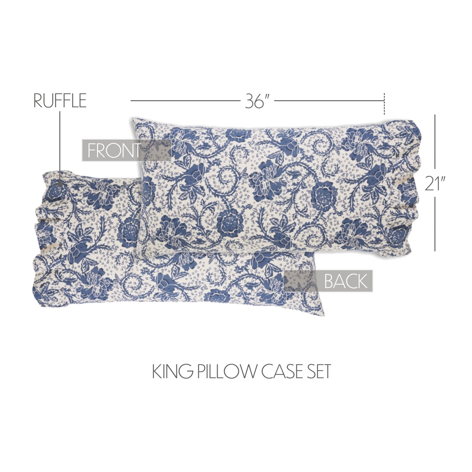 Dorset Navy Floral Ruffled King Pillow Case Set of 2 21x36+4 VHC Brands