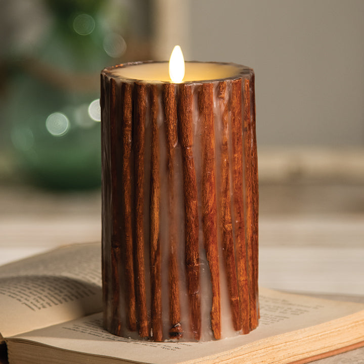 Cinnamon Stick Luminara, 4"x7" Pillar Candle with a realistic flickering flame