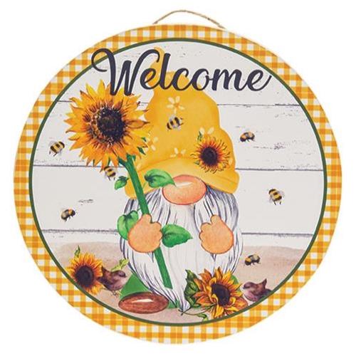 Welcome Sunflower & Bee Gnome Round Sign