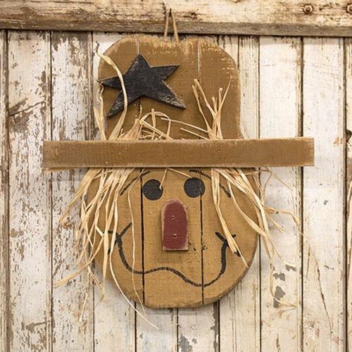 Rustic Wood Hanging Happy Scarecrow Head