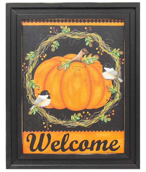 Welcome Pumpkin & Finches Framed Print, 12x16