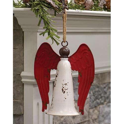 Distressed Metal Angel Bell (2pc, White Bell, Red Wings) - The Fox Decor