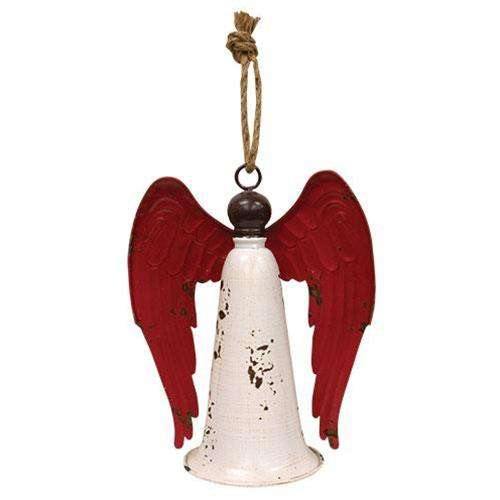 Distressed Metal Angel Bell (2pc, White Bell, Red Wings) - The Fox Decor