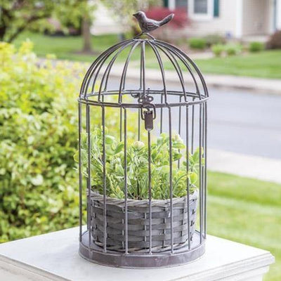 Graywash Metal Birdcage With Basket Planter