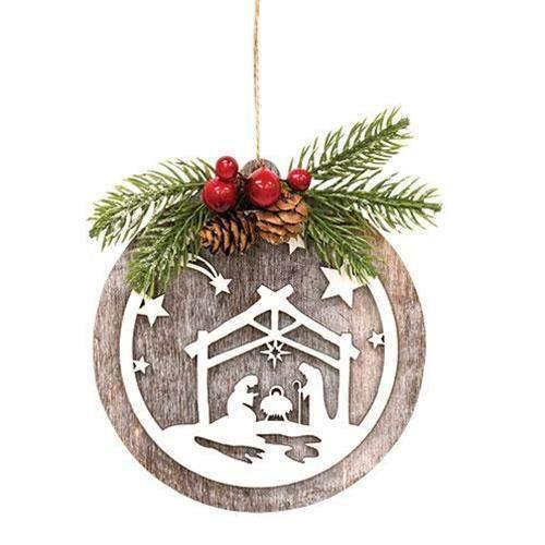 Wooden Nativity Ornament w/Pine - The Fox Decor