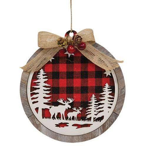 Wooden Red & Black Plaid Moose Scene Ornament - The Fox Decor