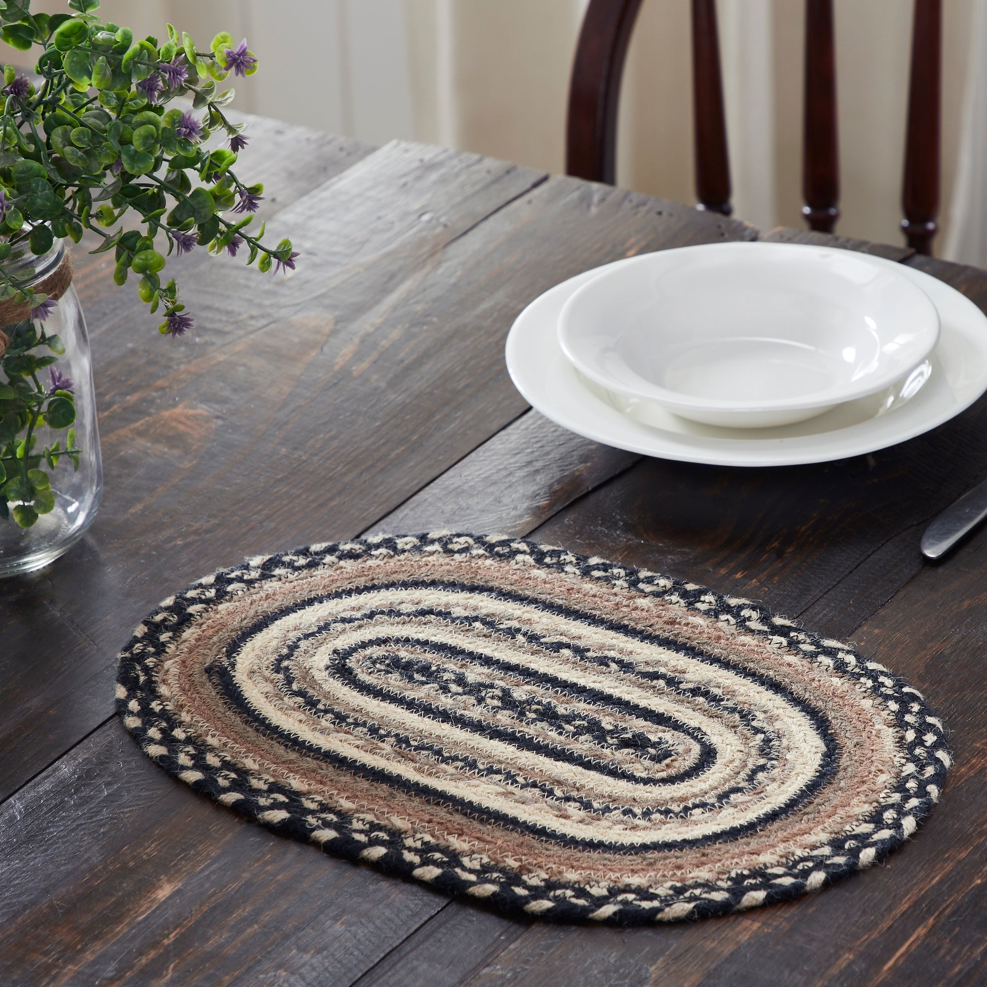 Sawyer Mill Charcoal Creme Jute Braided Oval Placemat 10"x15" VHC Brands