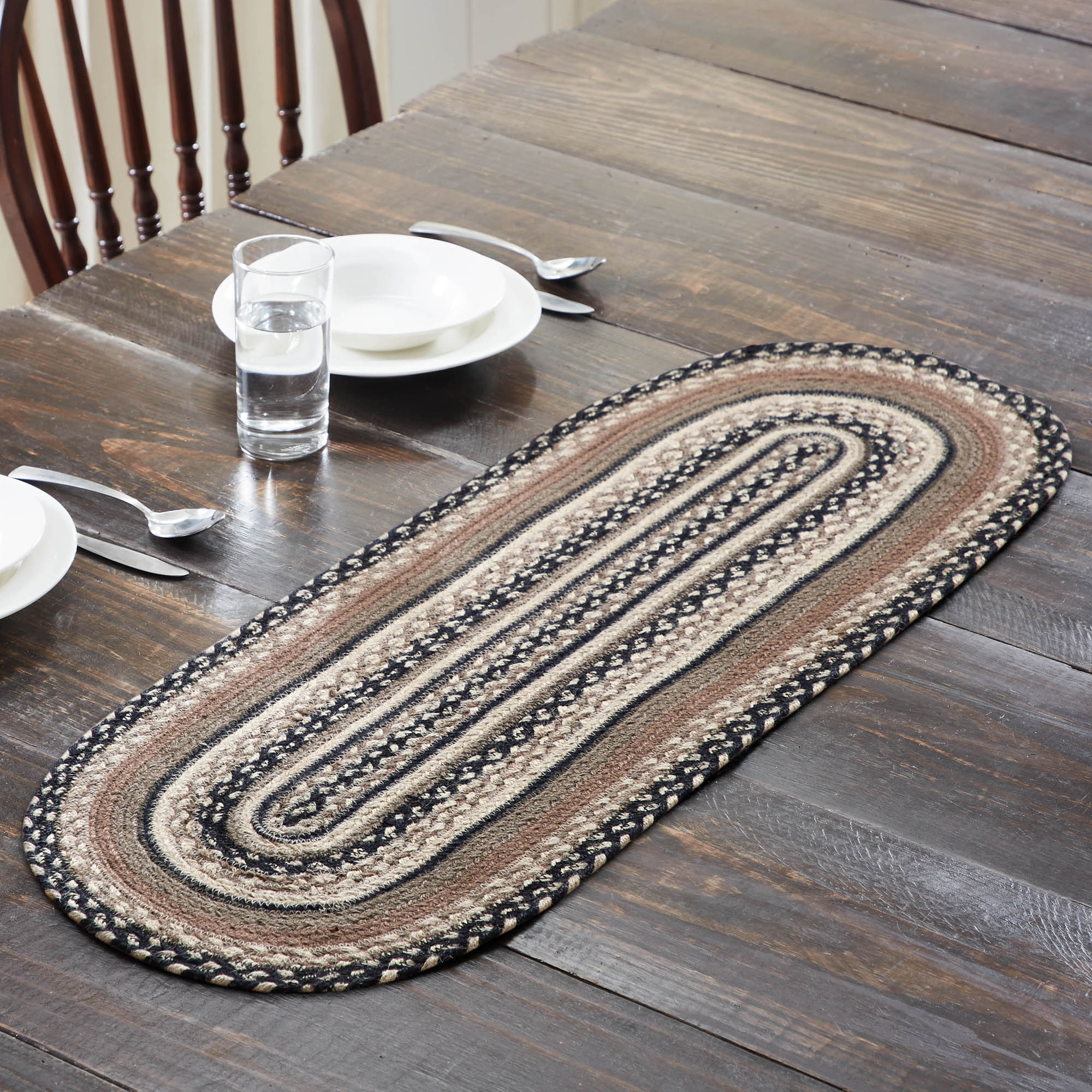 Sawyer Mill Charcoal Creme Jute Braided Oval Table Runner 13"x36" VHC Brands