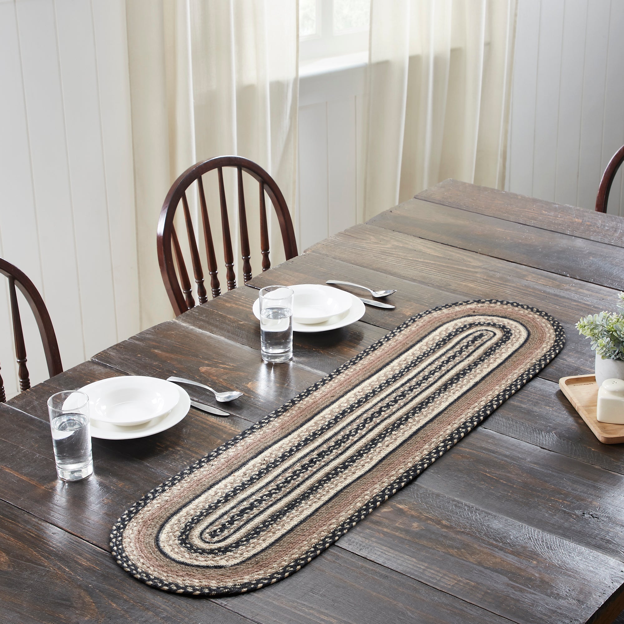 Sawyer Mill Charcoal Creme Jute Braided Oval Table Runner 13"x48" VHC Brands