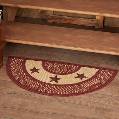 Burgundy Red Primitive Jute Braided Rug Half Circle Stencil Stars 16.5