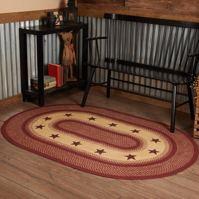 Burgundy Red Primitive Jute Braided Rug Oval Stencil Stars 4'x6' with Rug Pad VHC Brands