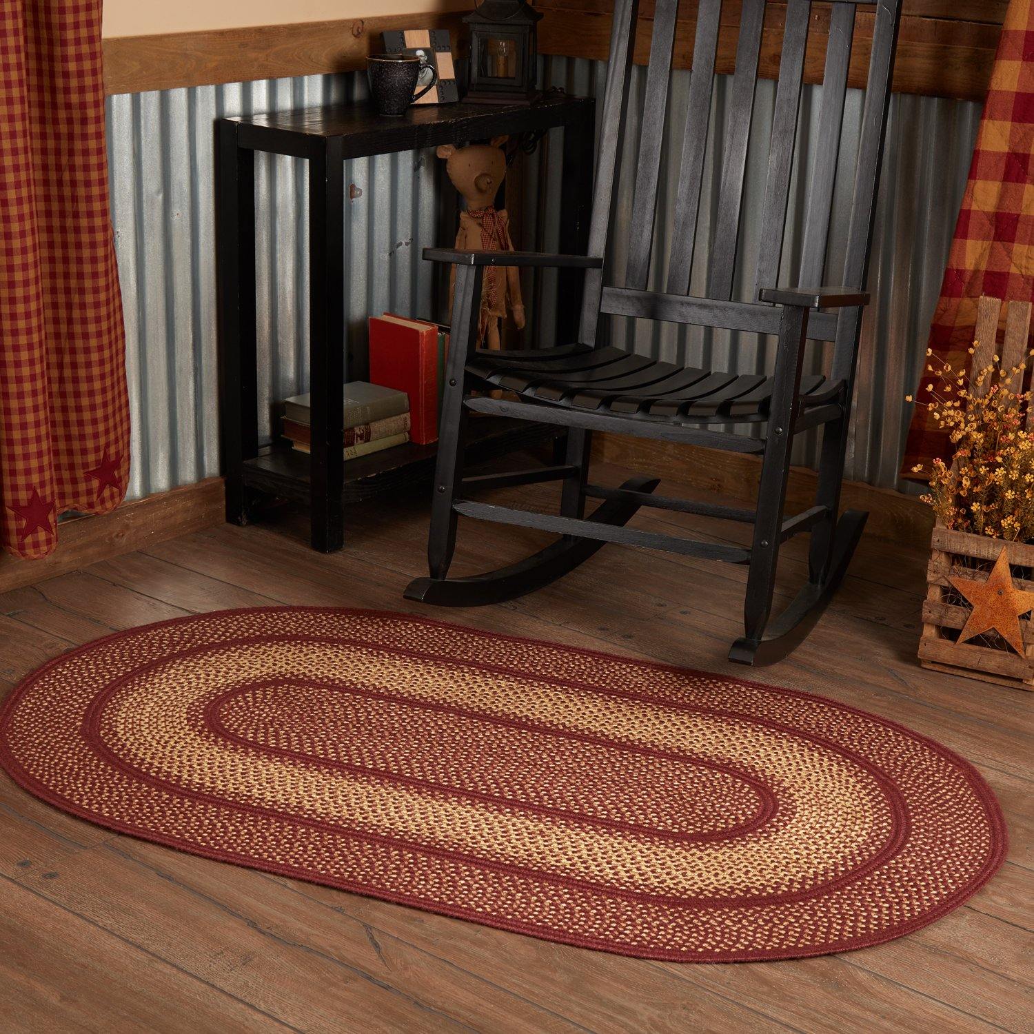 Burgundy Red Primitive Jute Braided Rug Oval 3'x5' with Rug Pad VHC Brands - The Fox Decor