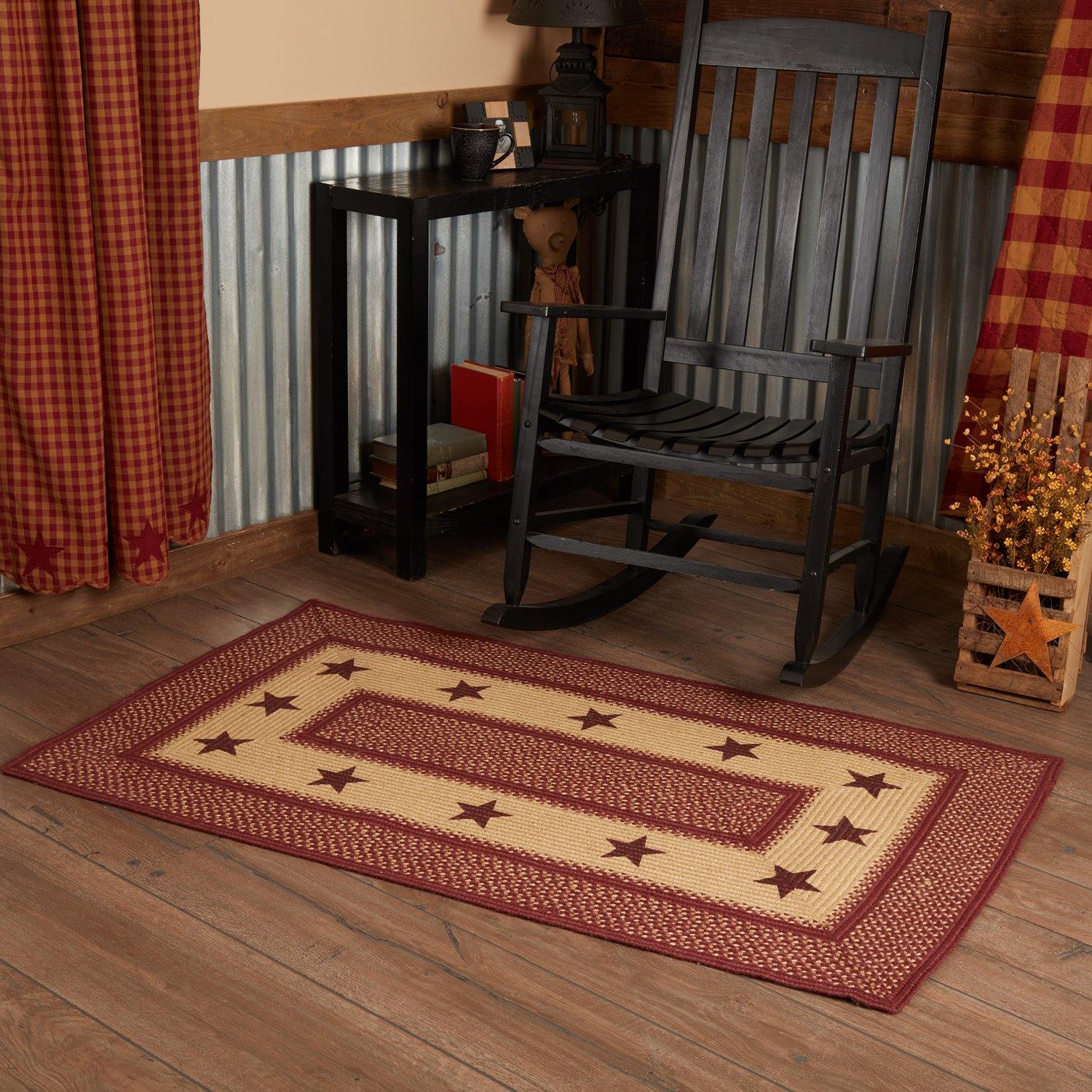 Burgundy Red Primitive Jute Braided Rug Rect Stencil Stars 3'x5' with Rug Pad VHC Brands - The Fox Decor