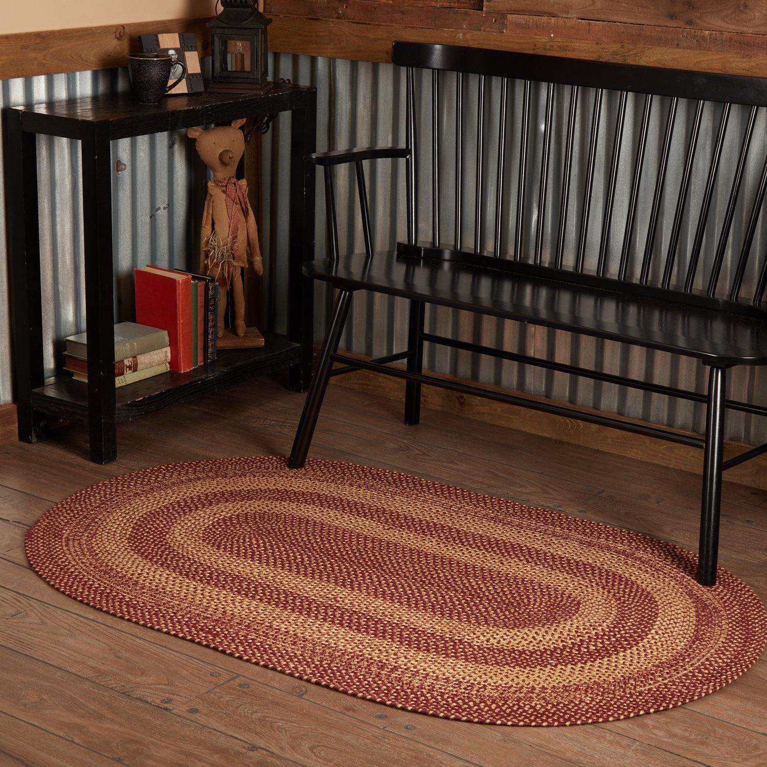 Burgundy Tan Jute Braided Rug Oval 3'x5' with Rug Pad VHC Brands - The Fox Decor