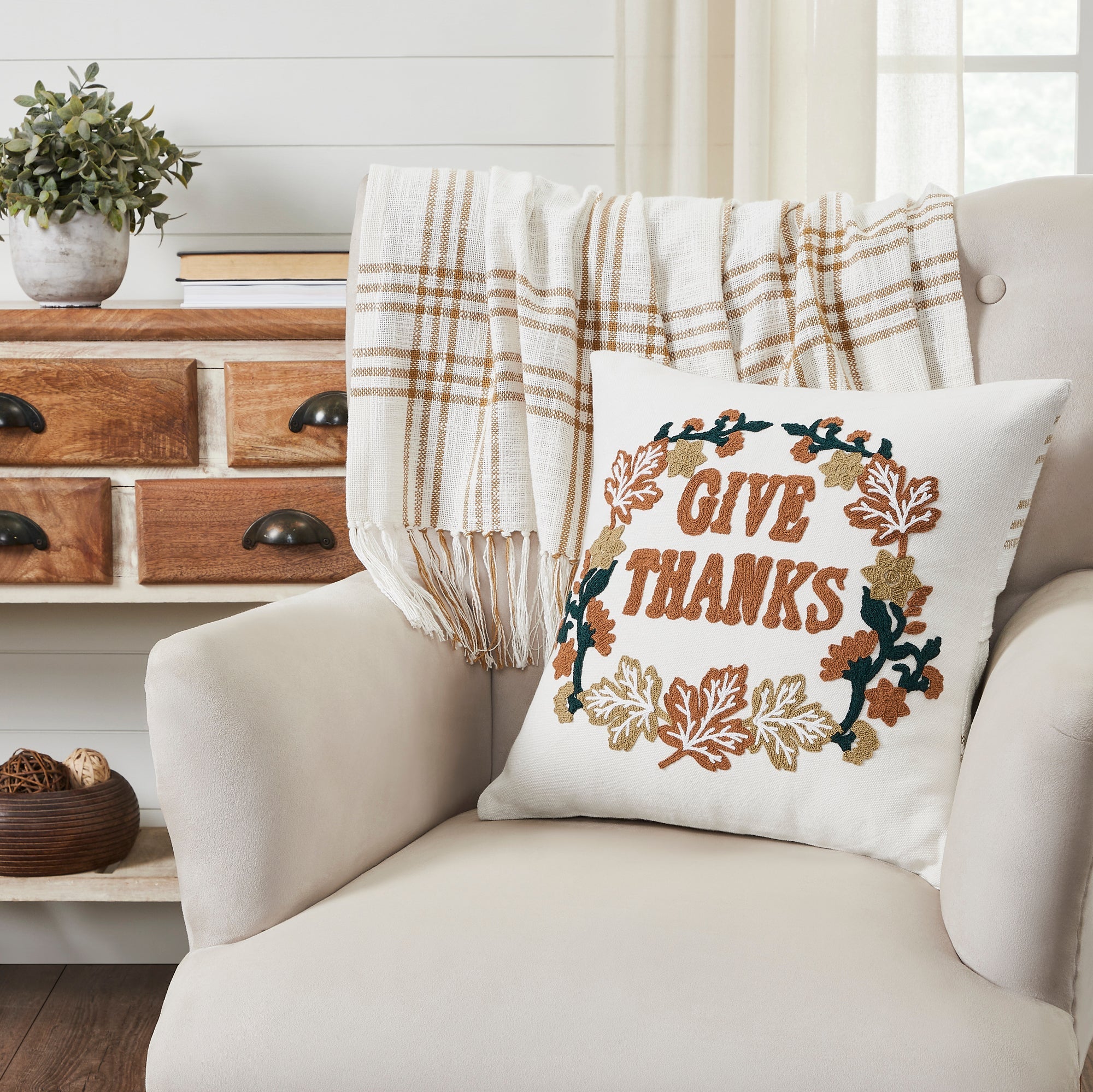 Wheat Plaid Give Thanks Pillow 18x18 VHC Brands