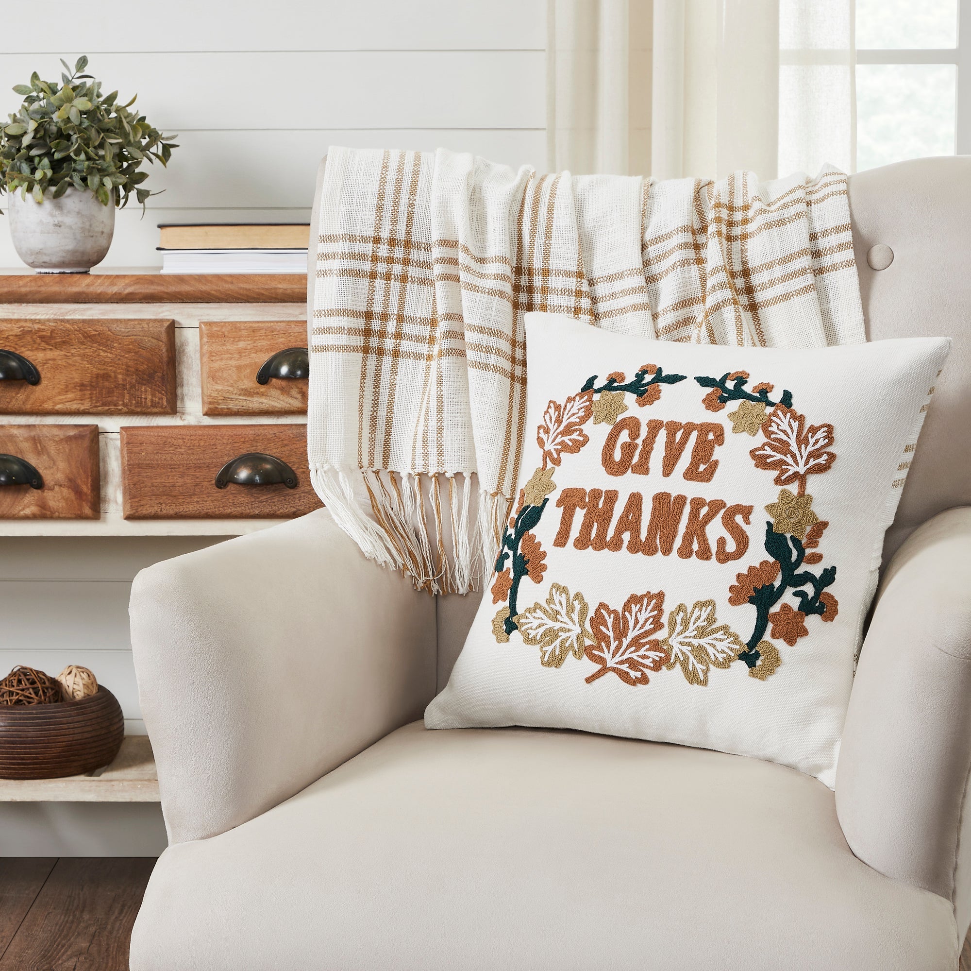Wheat Plaid Give Thanks Pillow Cover 18x18 VHC Brands