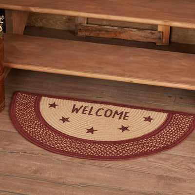 Burgundy Red Primitive Jute Braided Rug Half Circle Stencil Stars Welcome 16.5