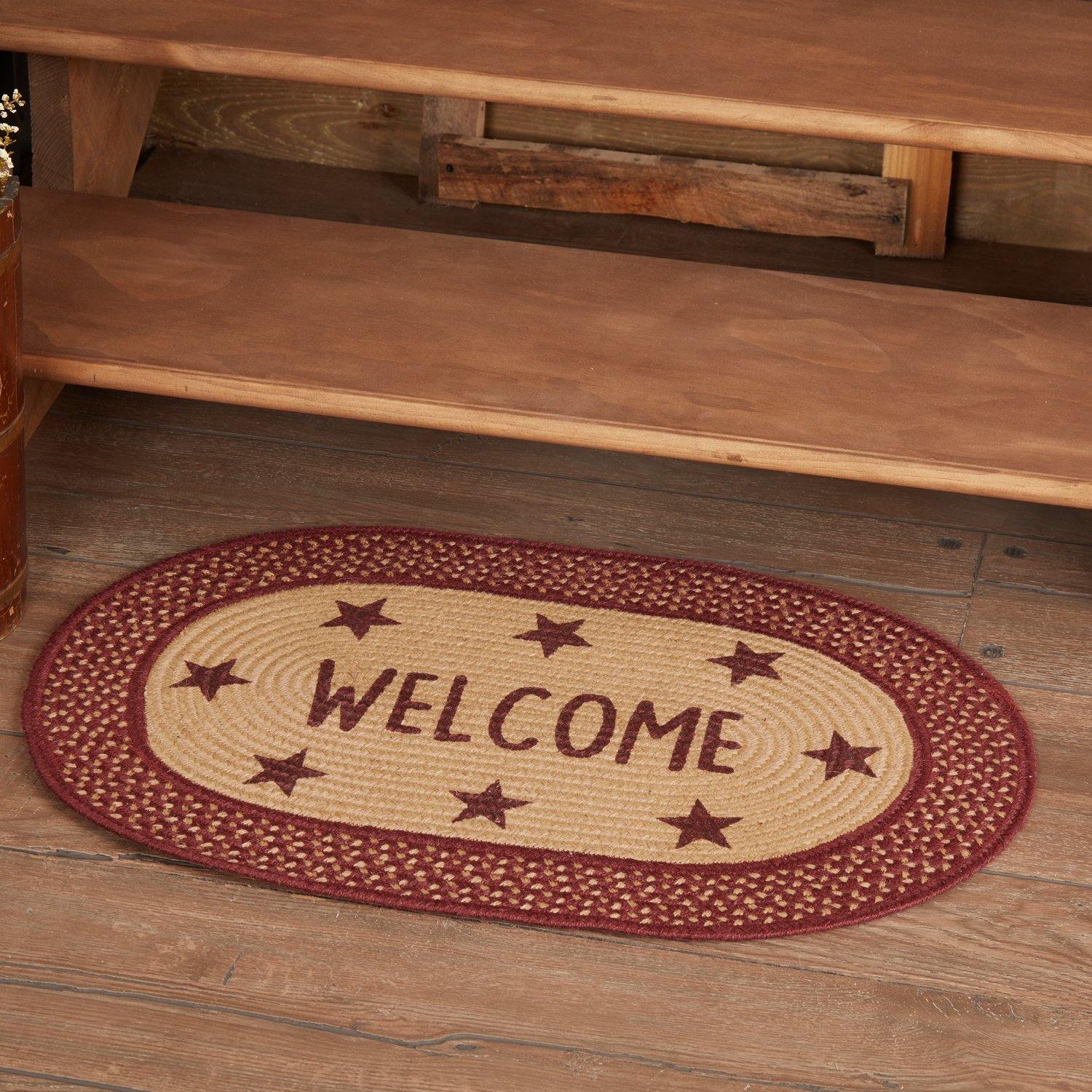 Burgundy Red Primitive Jute Braided Rug Oval Stencil Stars Welcome 20"x30" with Rug Pad VHC Brands - The Fox Decor