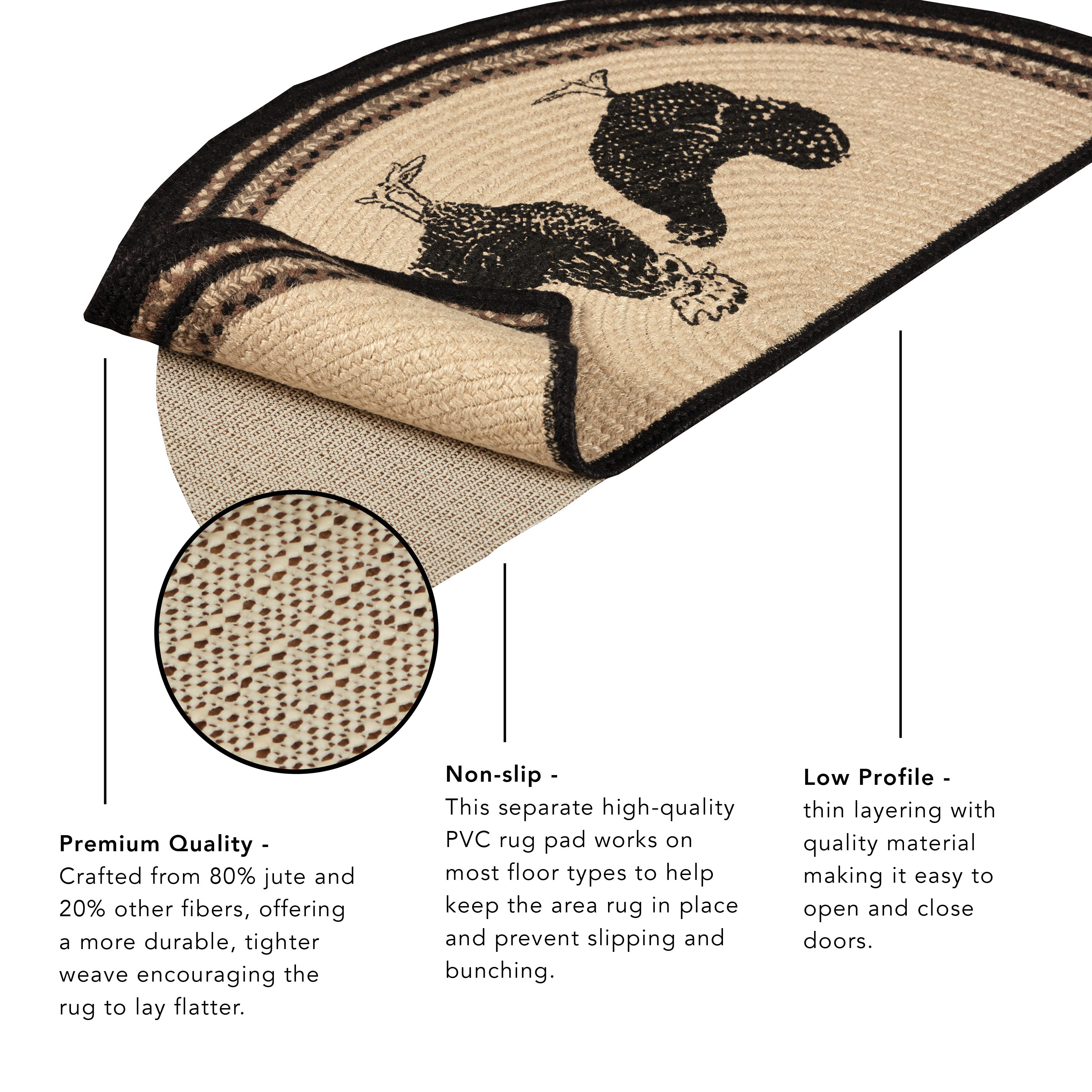 Beckham Jute Braided Rug Half Circle with Rug Pad 16.5"x33" VHC Brands