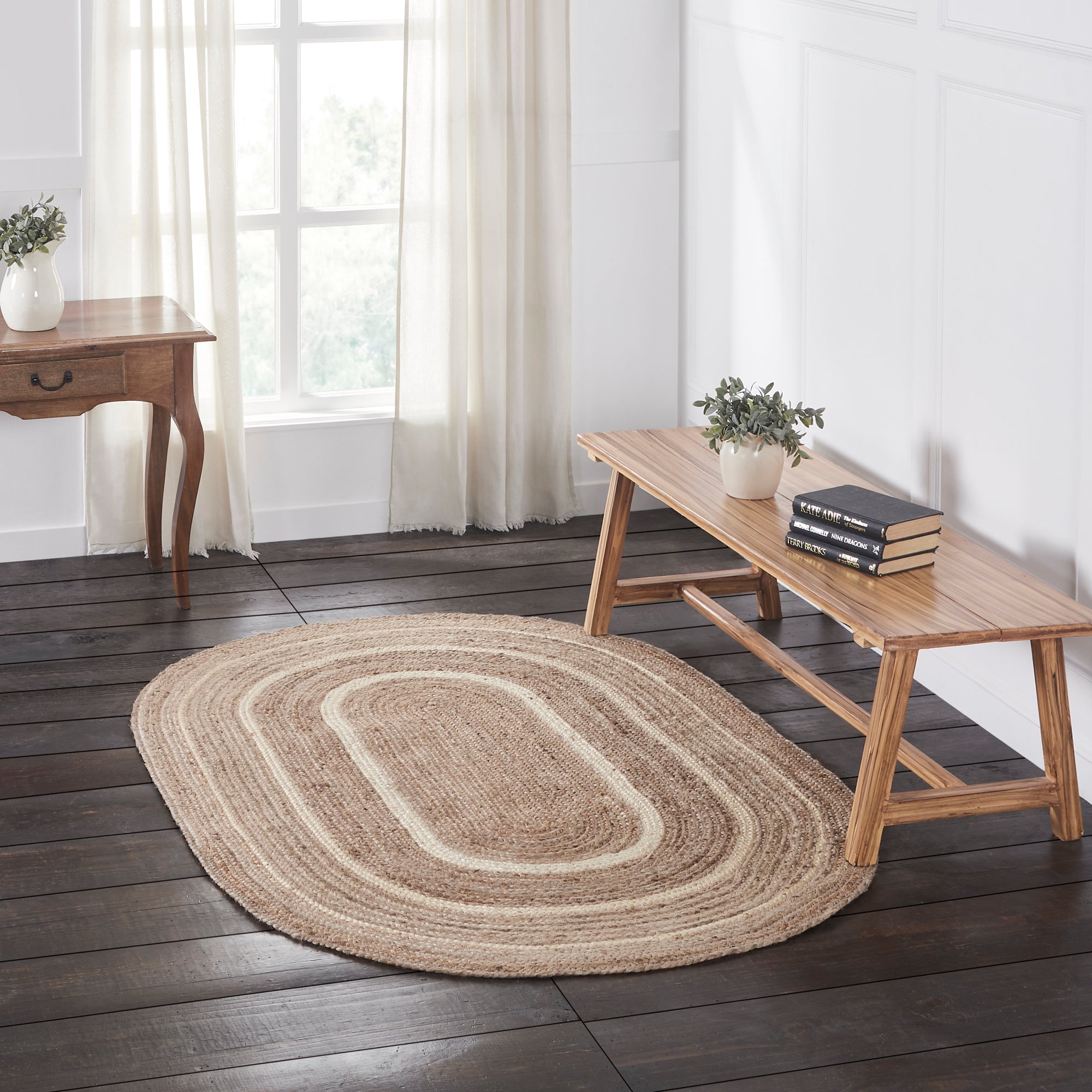 Natural & Creme Jute Braided Rugs Oval with Rug Pads VHC Brands